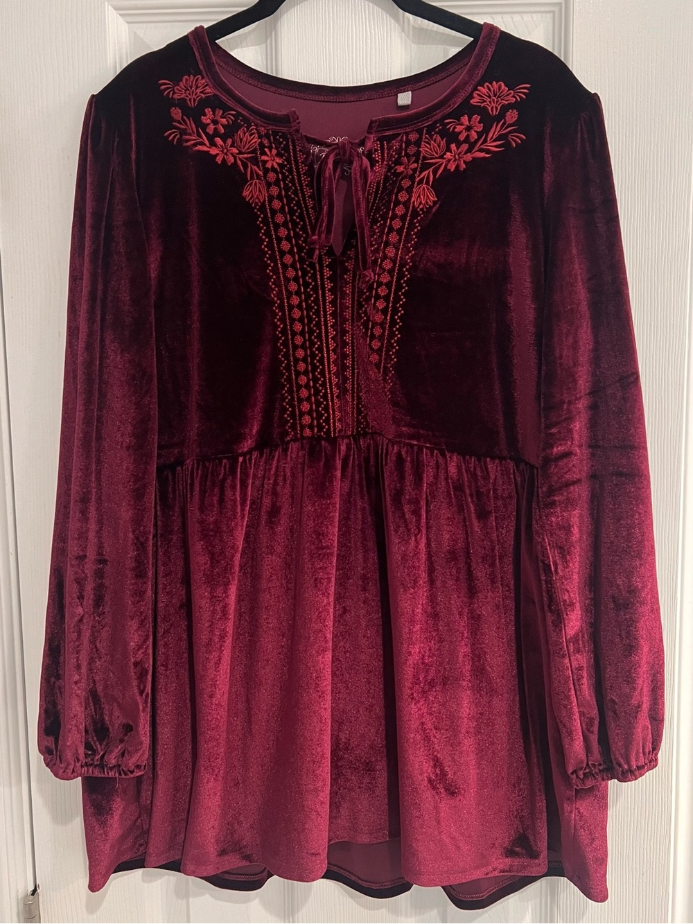 Velvet Embroidered Burgundy Wine Red Peasant Tunic Blouse Top Fall Holiday L